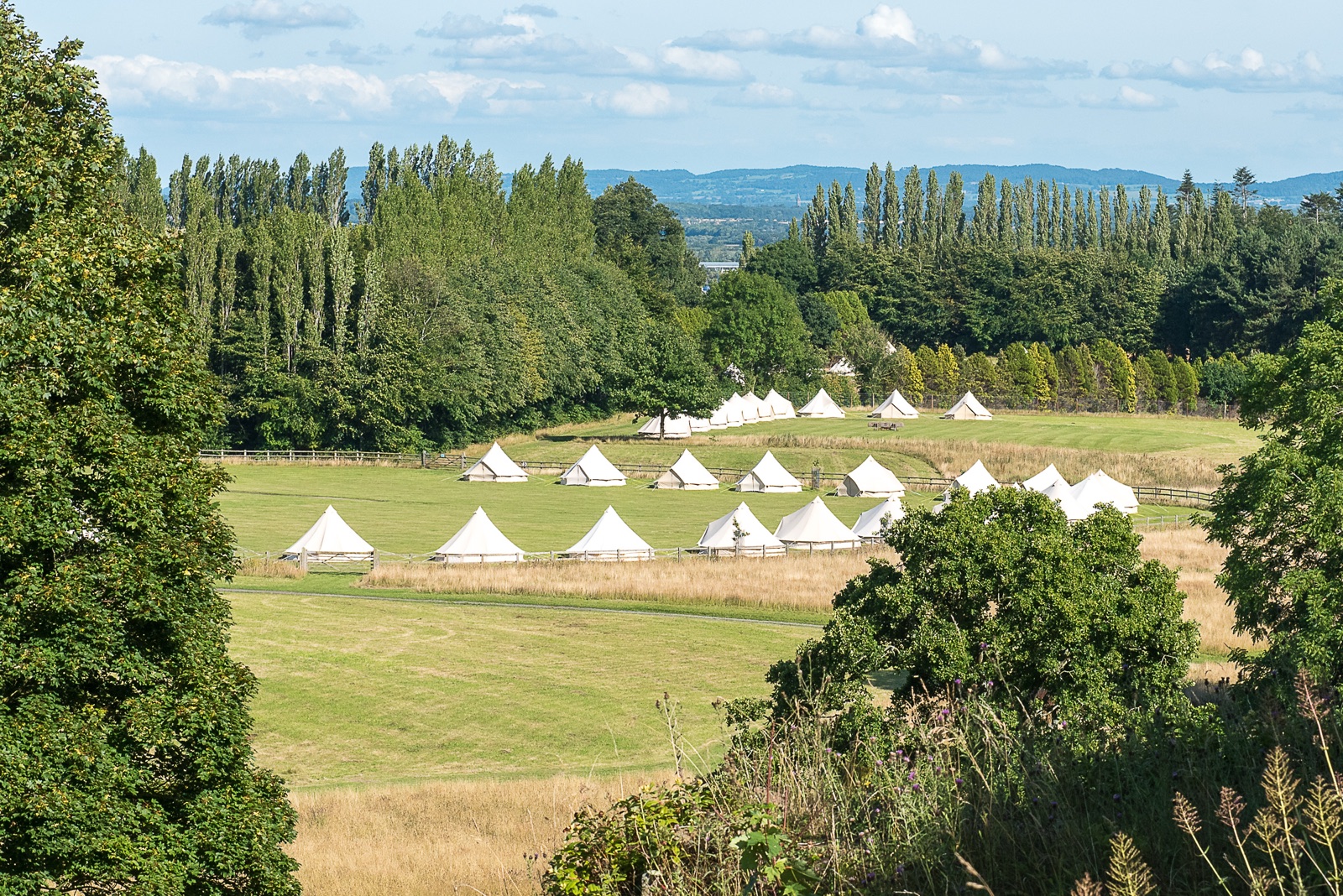 TGG bell tent village across a parkland field